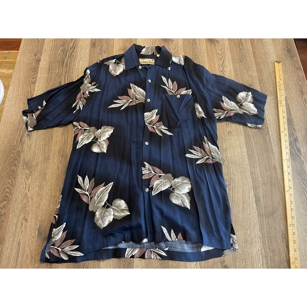 Caribbean Blues Shirt, Men's Large, Navy White Tan Floral Button Up Short Sleeve